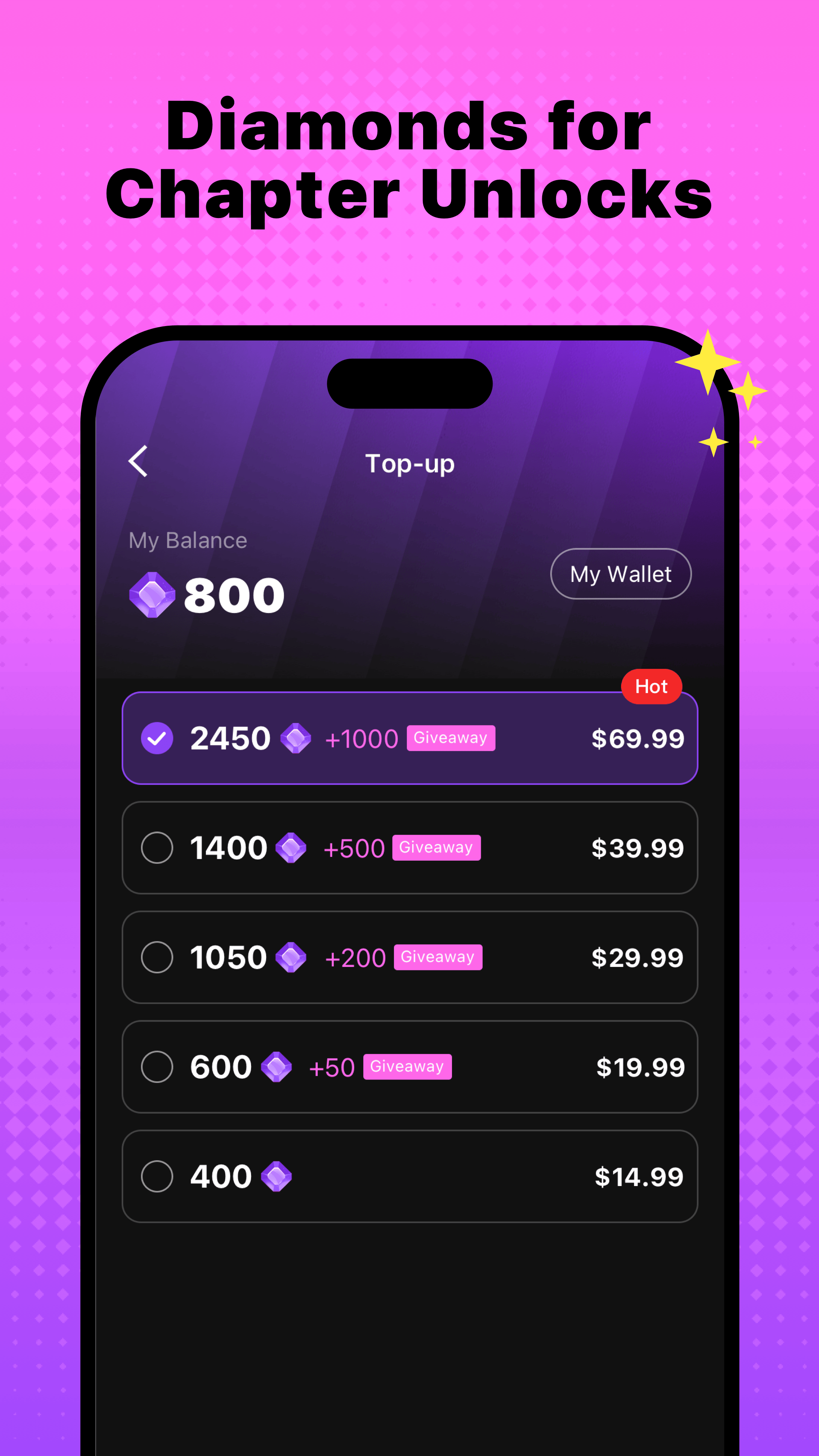 MangaTango gem wallet and top-up screen